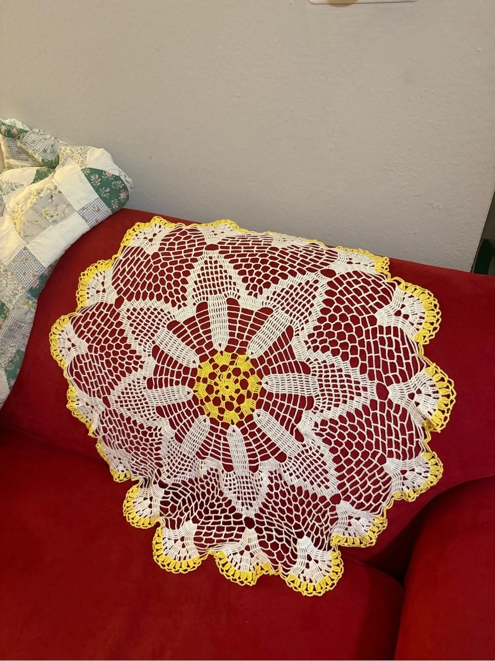 Big handcrafted Vintage White and Yellow Crochet Doily lace Table Accent
